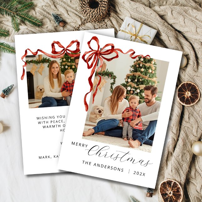 Cartão De Festividades Red Bow Christmas Photo (Red bow christmas photo card)