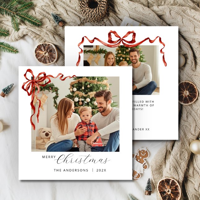 Cartão De Festividades Red Bow Square Christmas Photo (Red Bow Square Christmas Photo Holiday card
)