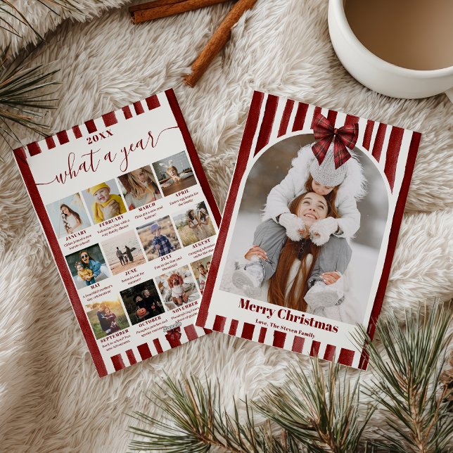 Cartão De Festividades Red Bow Stripe Plaid Christmas Photo Year Review (Red Bow Stripe Plaid Christmas Photo Year Review Holiday Card)