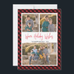 Cartão De Festividades Red Buffalo Check 3 Photo Collage Warm Wish<br><div class="desc">Este cartão de Natal com fotos planas oferece 3 fotos destacadas com uma borda de xadrez vermelha e preta para verificação de búfalos. O texto da caligrafia moderna diz: "Feriados Quentes". Fotografia © Storytree Studios,  Stanford,  CA.</div>