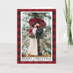 Cartão De Festividades Red Buffalo Plaid Christmas Wedding Photo Fold