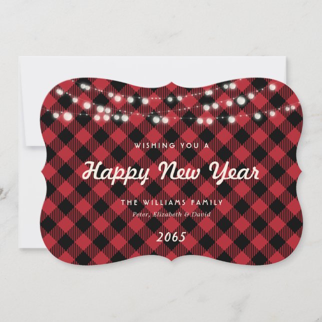 Cartão De Festividades Red Buffalo Plaid String Lights New Year Card (Frente)