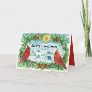 Cartão De Festividades Red Cardinal Birds Watercolor Felry Christmas