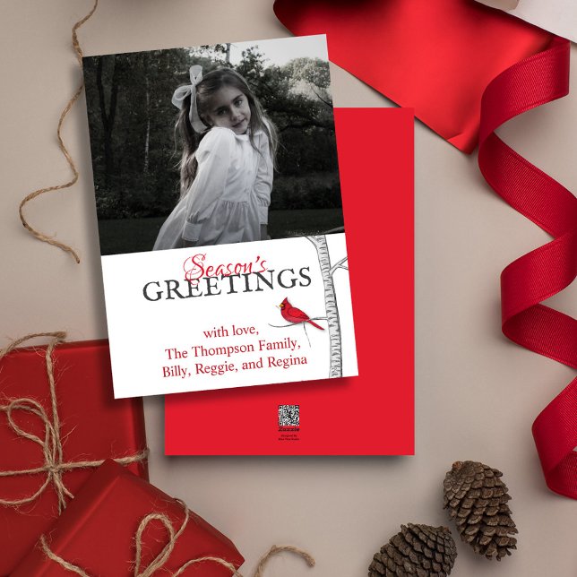 Cartão De Festividades Red Cardinal Winter Tree Classland 1 Foto (Simple winter botanical red cardinal photo card with a minimalist design.)