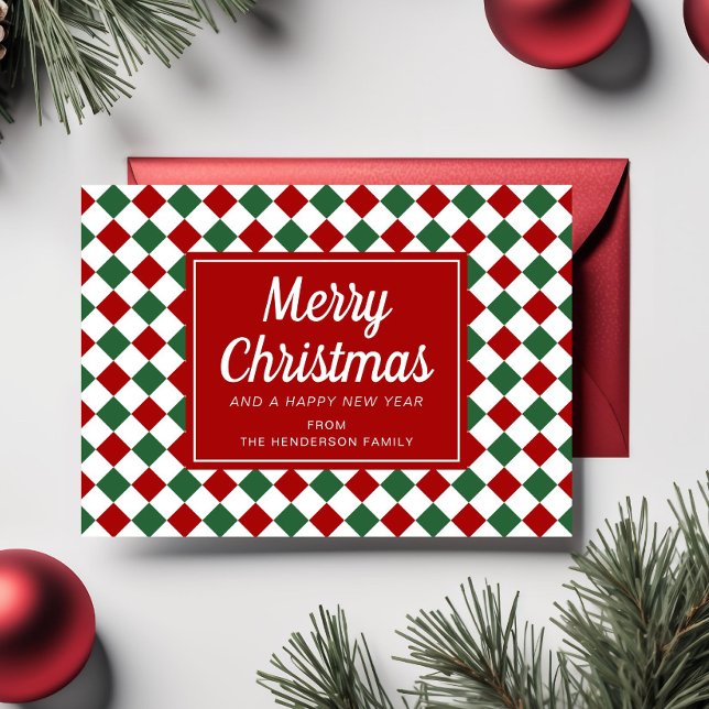 Cartão De Festividades Red Checks - Foto do Script de Natal Padrão (Red Checks Pattern Christmas Script Photo Holiday Card)
