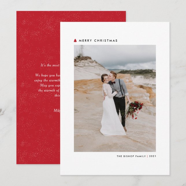 Cartão De Festividades Red Christmas Tree Modern Modern Merry Photo (Frente/Verso)