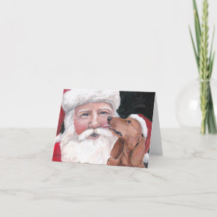 Cartão De Festividades Red Dachshund Kissing Santa Claus Dog Art Note Car
