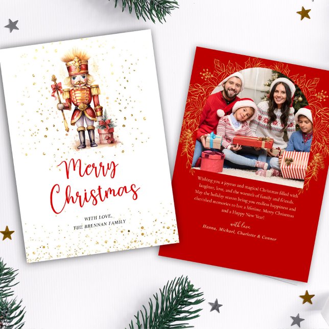 Cartão De Festividades Red Dourado Nutcracker Foto Feliz Natal (Red Gold Nutcracker Photo Merry Christmas Holiday Card)