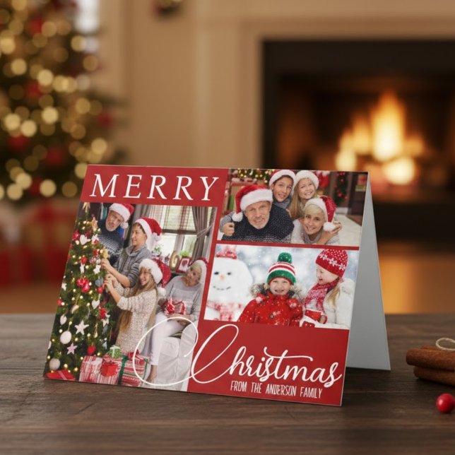 Cartão De Festividades Red E White Felry Natal Três Foto Clássica (Red And White Merry Christmas Three Photo Classic Holiday Card)