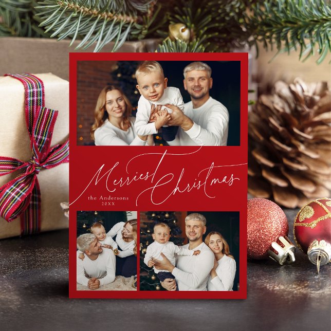 Cartão De Festividades Red Elegant Script Merry Christmas Family 3 Photo (Red Elegant Script Merry Christmas Family 3 Photo Holiday Card)