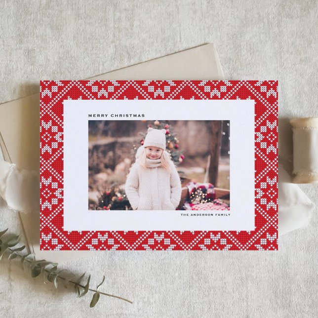 Cartão De Festividades Red Fair Isle Winter Knit Foto Natal (Red Fair Isle Winter Knit Pattern Photo Christmas Holiday Card)