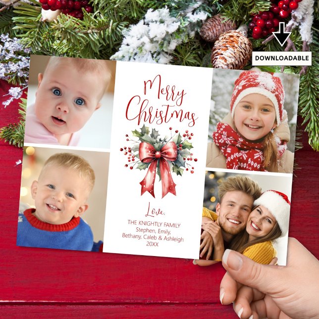 Cartão De Festividades Red Felry Christmas 4 Photo Script Arco Holly (Criador carregado)