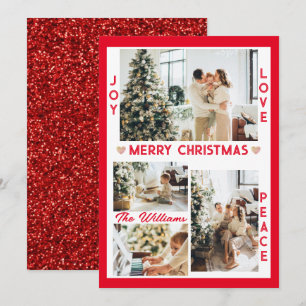 Cartão De Festividades Red Glitter Joy Love Peace Foto de Natal Personali