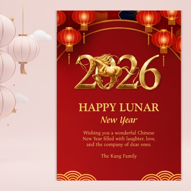 Cartão De Festividades Red Gold 2026 Horse Chinese Lunar New Year (2026 Lunar New Year – Year of the Horse, Red & Gold Lanterns, Personalized)