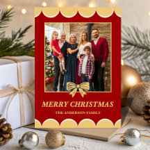 Red & Gold Bow Scalloped Family Christmas Photo