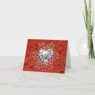 Cartão De Festividades Red & Gold Crochet Lace Diamond Heart Snowflake