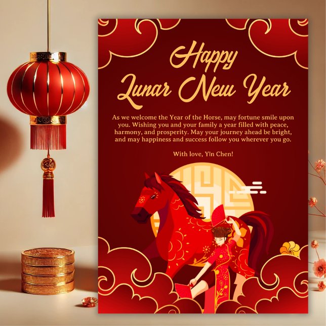 Cartão De Festividades Red & Gold Horse Lunar Chinese New Year (Personalized Red & Gold Horse Lunar New Year Card)