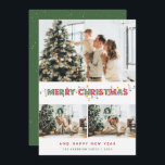 Cartão De Festividades Red Green Christmas Lights 3 Photo Collage<br><div class="desc">Cartões com fotos de Natal Merry e vermelho personalizados com colagem de fotos com um título decorativo e luzes de Natal na frente e no fundo verde com queda de neve no fundo. Personalize facilmente esses Cartões de foto de Natal vermelhos e verdes com suas imagens, um nome de família...</div>