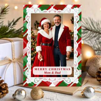 Cartão De Festividades Red Green Tartan Lace Christmas Parents Photo