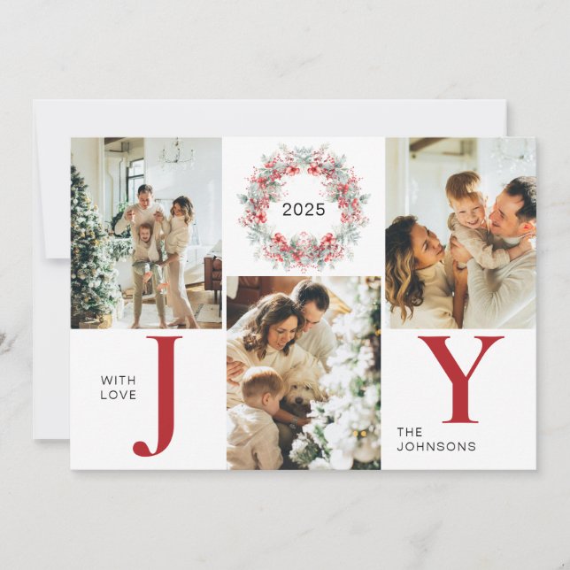 Cartão De Festividades Red Holly Berries Moderno 3 Foto de Natal (Frente)