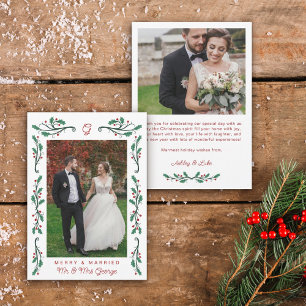 Cartão De Festividades Red Holly Frame Feliz e Foto de Natal casada