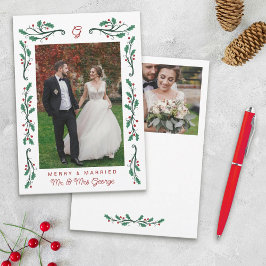 Cartão De Festividades Red Holly Frame Merry & Married Christmas Photos