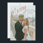 Cartão De Festividades Red Merry Hand Lettering Wedding Photo<br><div class="desc">Original hand-lettered Merry with editable "and married".  Edit the color of the lettering if desired and customize further to add more text or more photos to the back side.</div>