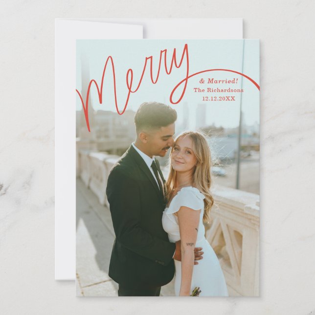 Cartão De Festividades Red Merry Hand Lettering Wedding Photo (Frente)