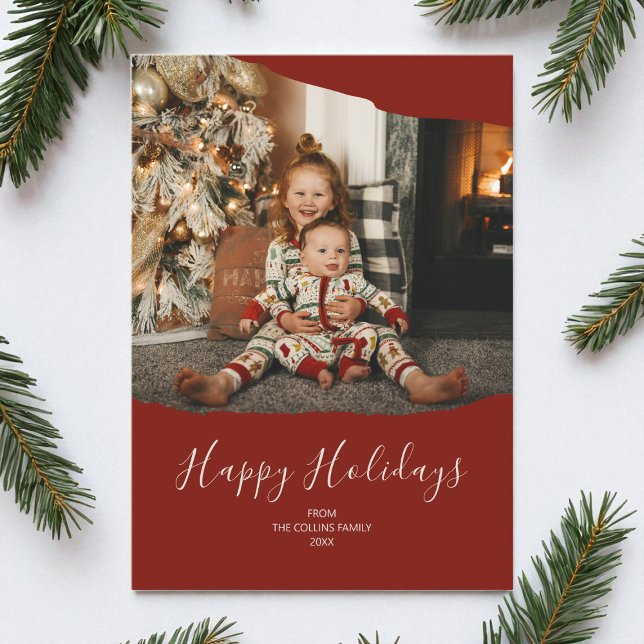 Cartão De Festividades Red Minimalist 2 Fotografias Feliz Natal (Red Minimalist 2 Photo Happy Holidays Christmas Holiday Card)