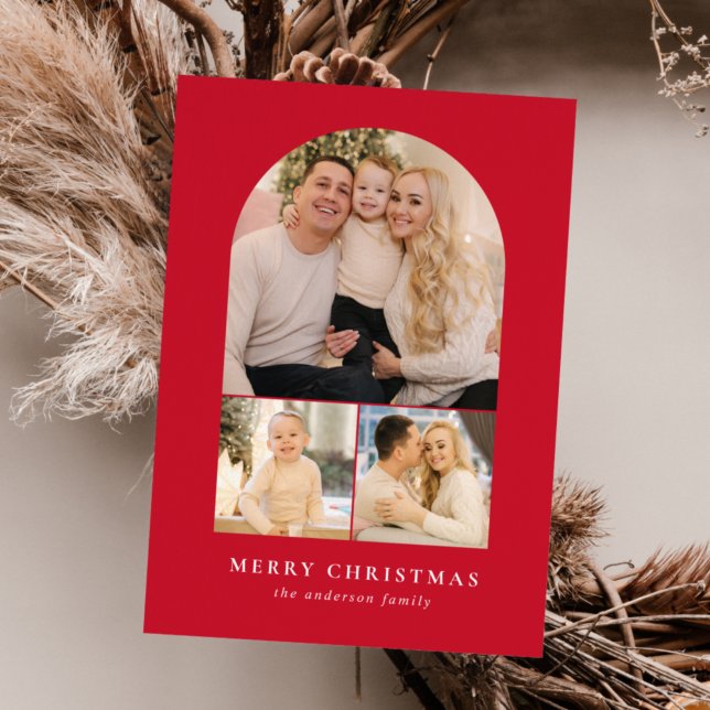 Cartão De Festividades Red Minimalist Arch 3 Photo (Criador carregado)