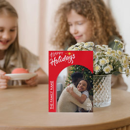 Cartão De Festividades Red Modern Script Happy Holidays Photo Card