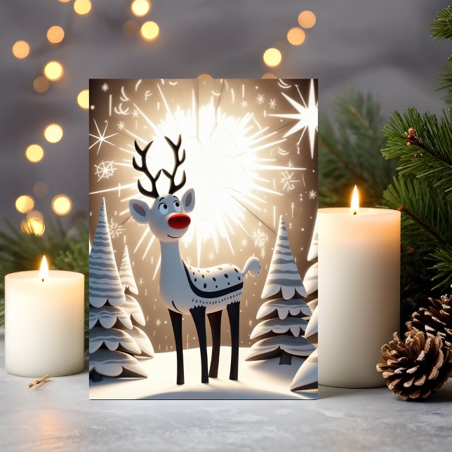 Cartão De Festividades Red Nose Reindeer (Christmas Card – Red-Nosed Reindeer in Snowy Forest)