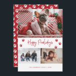 Cartão De Festividades Red Paw Print 3 Photo Collage Happy Pawlidays Pet<br><div class="desc">Cartões de penhores vermelhos personalizados, com três fotos com um título manuscrito na frente e fundo vermelho, com queda de neve e pegadas na parte de trás. Personalize facilmente estes Cartões de foto de Natal de cães vermelhos com as suas imagens, um nome de família e o ano. Este cartão...</div>