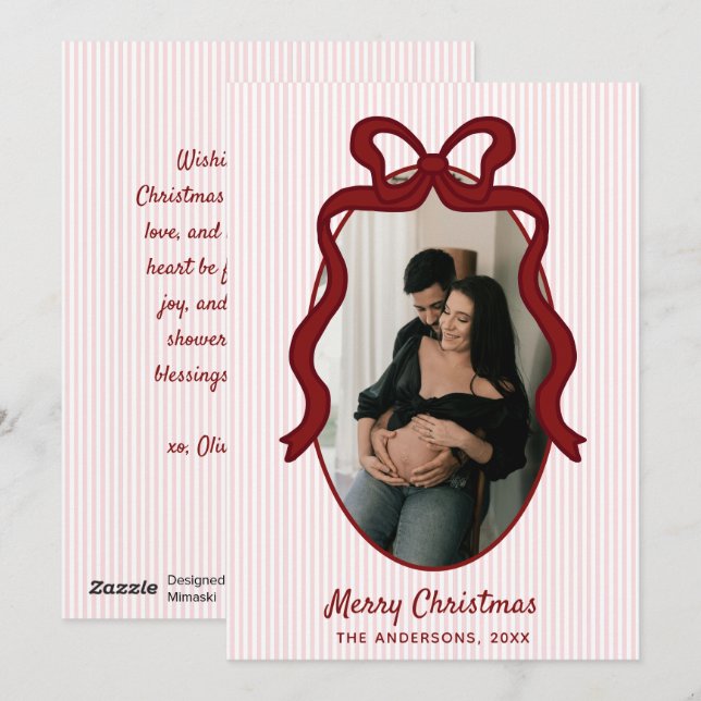 Cartão De Festividades Red Pink Stripes & Bow Frame Christmas Photo (Frente/Verso)