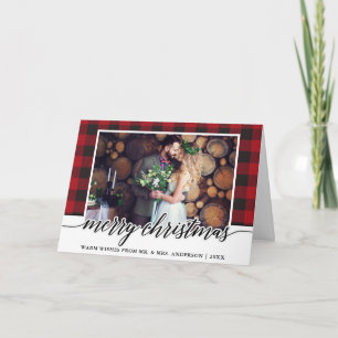 Cartão De Festividades Red Plaid Calligraphy Wedding Merry Christmas