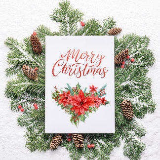 Cartão De Festividades Red Poinsettia Classic Simple Merry Christmas