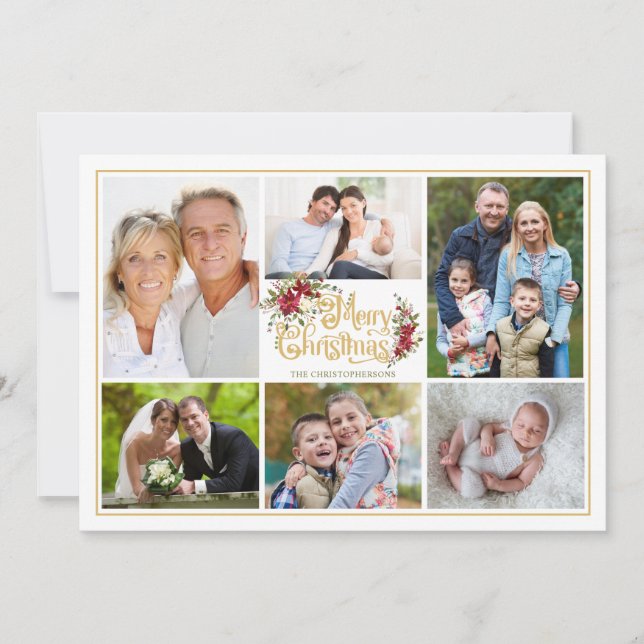 Cartão De Festividades Red Poinsettia Feliz Colagem de Fotos de Natal (Frente)
