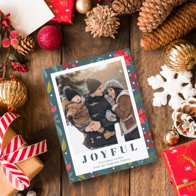 Cartão De Festividades Red Poinsettia Floral Green Foto Natal (Criador carregado)