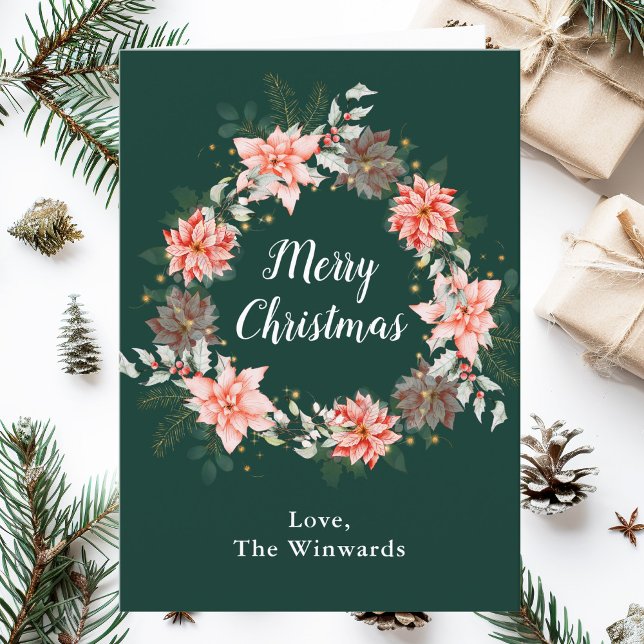 Cartão De Festividades Red Poinsettia Wreath Feliz Natal (Criador carregado)