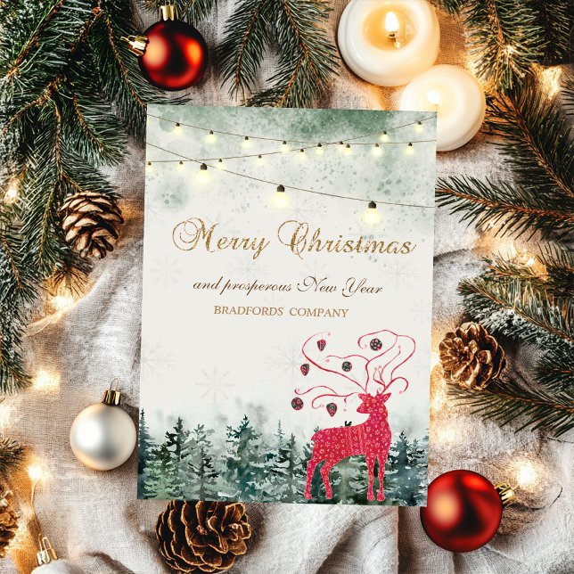 Cartão De Festividades Red Reindeer,Forest,String Lights Holiday (Criador carregado)