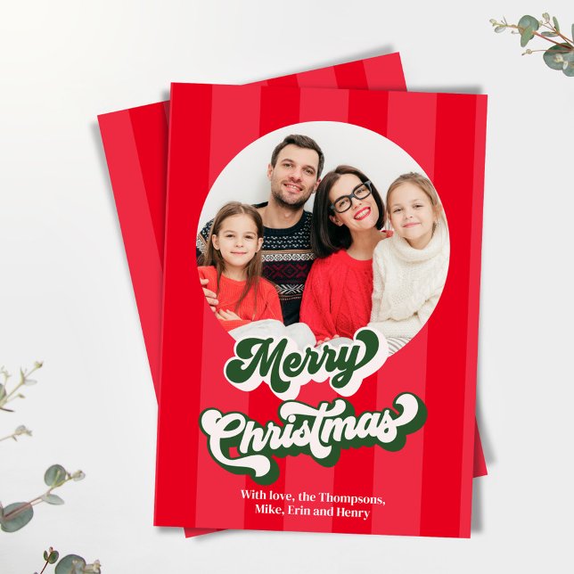 Cartão De Festividades Red Retro Felry Natal 2 Foto (Merry Christmas retro-style holiday cards. )