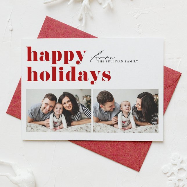 Cartão De Festividades Red Retro Typografia Feliz Feriados Duas Fotografi (Criador carregado)