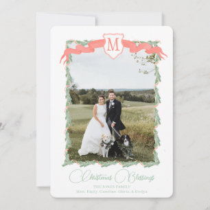 Cartão De Festividades Red Ribbon Crest Natais vintages Greenery Foto