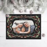 Cartão De Festividades Red Ribbon Hearts Holly and Pine Photo<br><div class="desc">Quadro original ilustrado feito de fita,  pinheiro e folhas sagradas.</div>