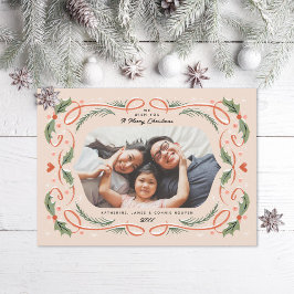 Cartão De Festividades Red Ribbon Hearts Holly and Pine Photo Peach