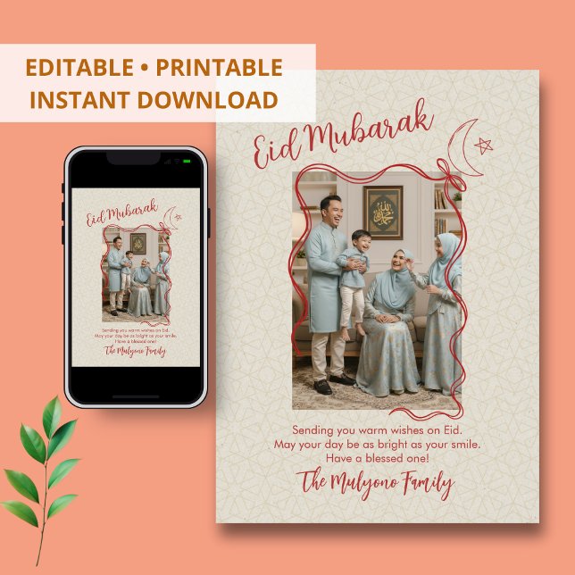 Cartão De Festividades Red Sketch Ribbon Crescent Moon Photo Eid Mubarak  (Criador carregado)