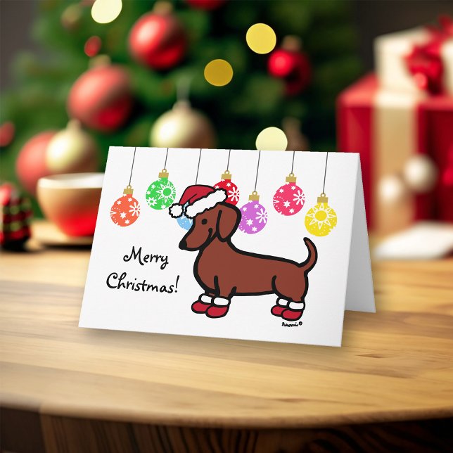 Cartão De Festividades Red Smooth Haired Dachshund Natal (Red Smooth Haired Dachshund with Santa Hat and Booties Christmas Cards for Dachshund Owners.)