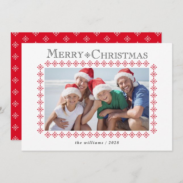 Cartão De Festividades Red Snowflake Border Foto de Natal (Frente/Verso)