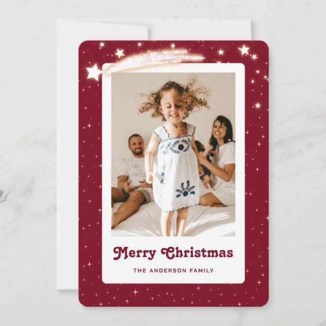 Cartão De Festividades Red Starry Photo Merry Christmas Card (Frente)