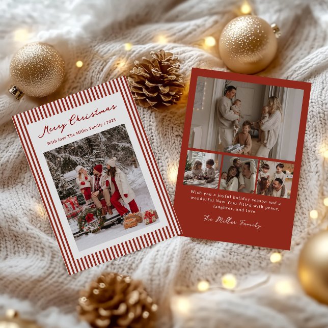 Cartão De Festividades Red Stripe Family Christmas Photo Holiday Card (Criador carregado)